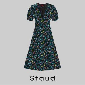 STAUD MILLA MIDI A-LINE DRESS IN BLACK/MULTI-COLOR ABSTRACT PRINT - SIZE 6